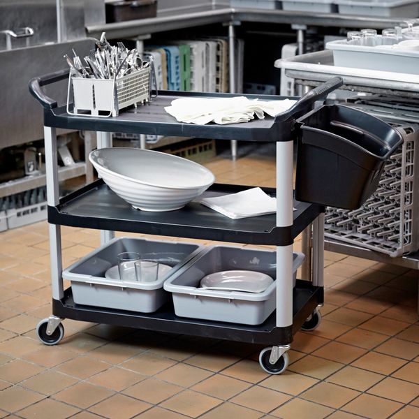 Plastic Dual-Handle Utility Cart with Lipped Plastic Shelves, (2) Raised, 3 Shelves, 300 lb