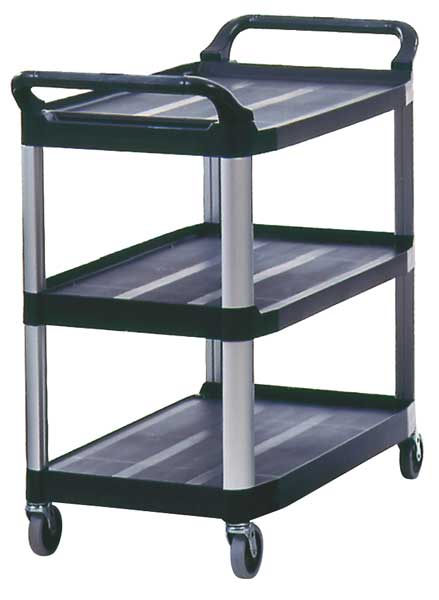 Plastic Dual-Handle Utility Cart with Lipped Plastic Shelves, (2) Raised, 3 Shelves, 300 lb
