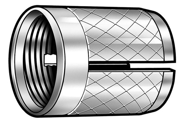 Press Insert, M5-0.80 Int Thrd Sz, 3/8 in L, 6.7 mm Dia., Brass, Plain, 50 PK