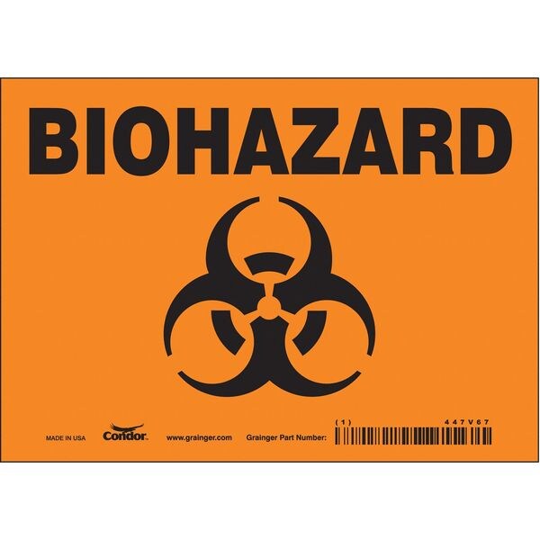 Biohazard Sign, 5 in H, 7 in W, Vinyl, Horizontal Rectangle, English, 447V67