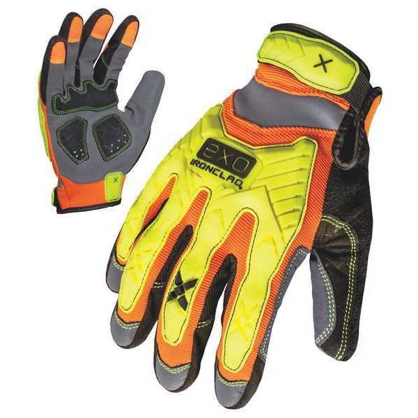Hi-Vis Mechanics Gloves, XL, Orange/Yellow, Anti-Vibration, Spandex, TPR, Reflective Panels