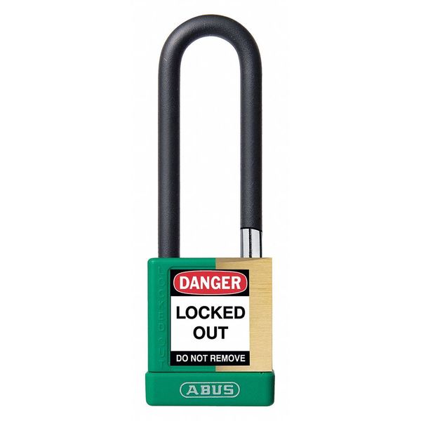 Keyed Padlock, Open, Rectangular Brass Body, Plastic Encased Hardened Steel Shackle, 3/4 in W