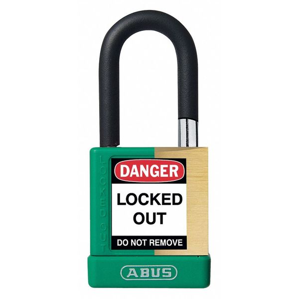 Keyed Padlock, Open, Rectangular Brass Body, Plastic Encased Hardened Steel Shackle, 3/4 in W