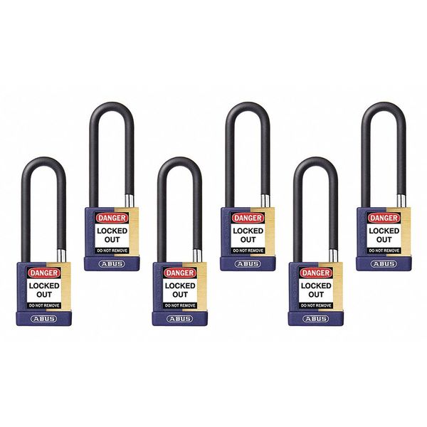 Keyed Padlock, Open, Rectangular Brass Body, Plastic Encased Hardened Steel Shackle, 3/4 in W
