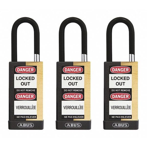 Keyed Padlock, Open, Rectangular Brass Body, Plastic Encased Hardened Steel Shackle, 3/4 in W