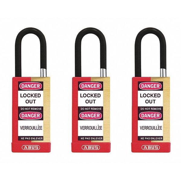 Keyed Padlock, Open, Rectangular Brass Body, Plastic Encased Hardened Steel Shackle, 3/4 in W
