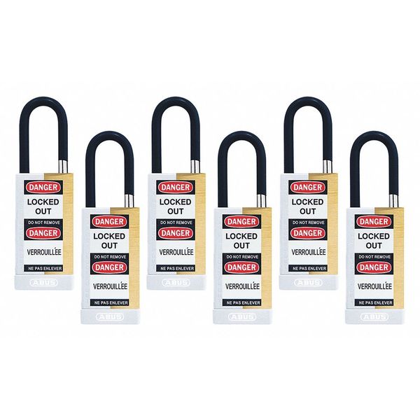 Keyed Padlock, Open, Rectangular Brass Body, Plastic Encased Hardened Steel Shackle, 3/4 in W