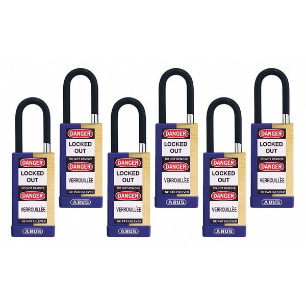 Keyed Padlock, Open, Rectangular Brass Body, Plastic Encased Hardened Steel Shackle, 3/4 in W