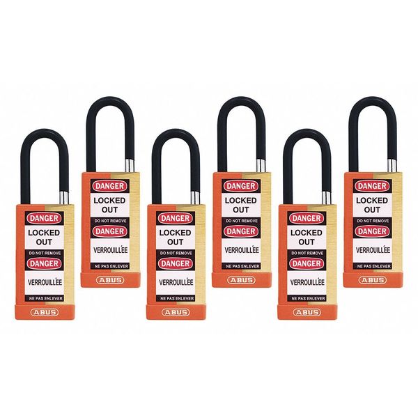 Keyed Padlock, Open, Rectangular Brass Body, Plastic Encased Hardened Steel Shackle, 3/4 in W