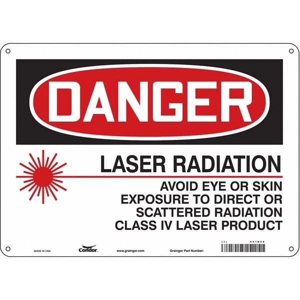 Laser Warning Sign, 10 in H, 14 in W, Aluminum, Horizontal Rectangle, 451R68