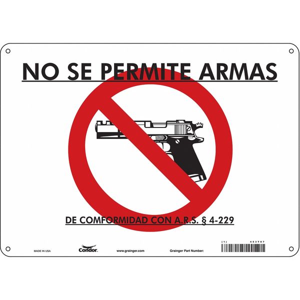 No Concealed Weapons Sign, 10 in Height, 14 in Width, Aluminum, Horizontal Rectangle, Spanish