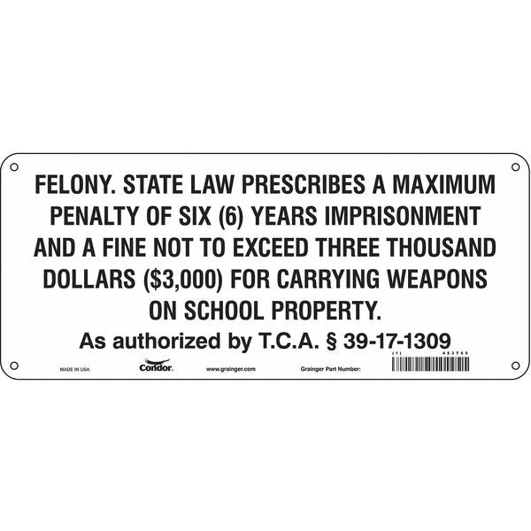No Concealed Weapons Sign, 6 in Height, 14 in Width, Aluminum, Vertical Rectangle, English