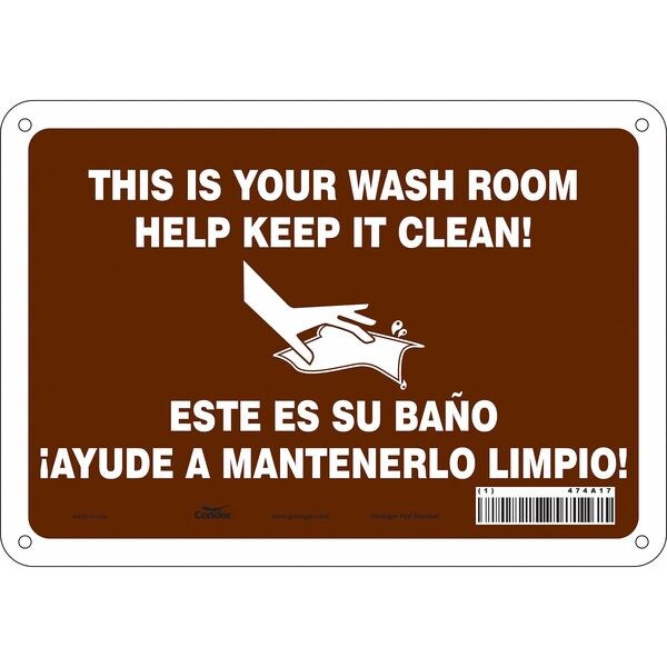 Restroom Sign, 7 in Height, 10 in Width, Aluminum, Vertical Rectangle, English, Spanish