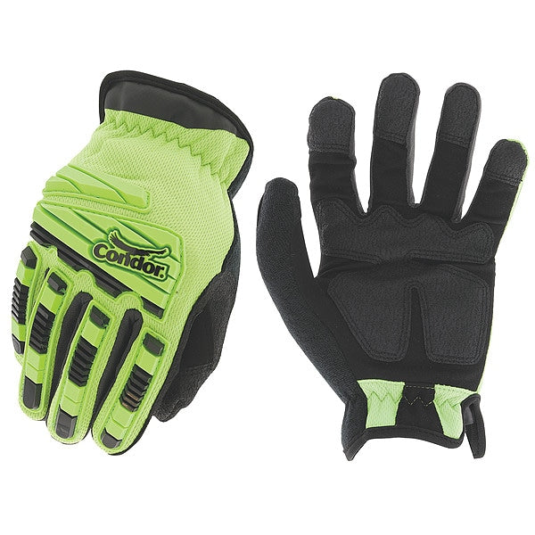 Hi-Vis Mechanics Impact Gloves, XL, Green, Single Layer and Seamless, Polyester