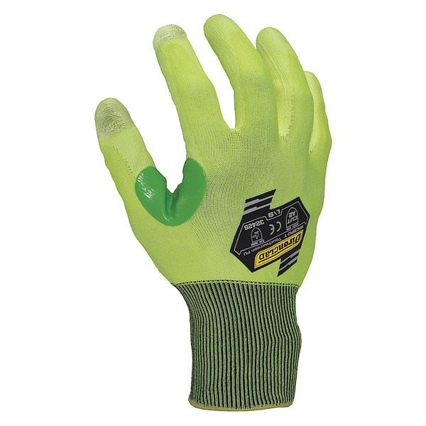 Hi-Vis Cut Resistant Coated Gloves, A2 Cut Level, Polyurethane, M, 1 PR