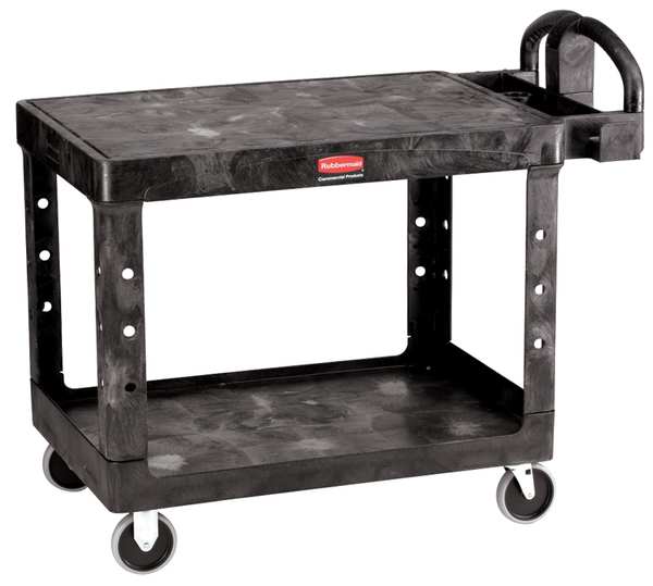 Plastic Utility Cart with Deep Lipped & Flush Plastic Shelves, Ergonomic, 2 Shelves, 500 lb