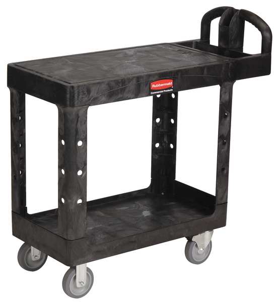 Plastic Utility Cart with Deep Lipped & Flush Plastic Shelves, Ergonomic, 2 Shelves, 500 lb