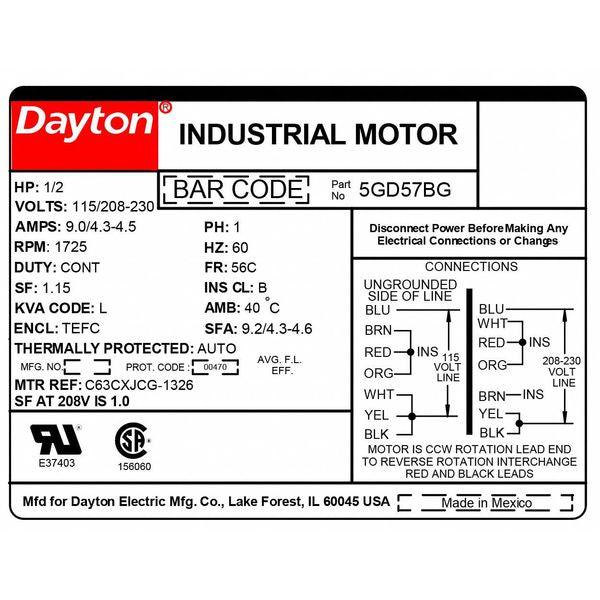 Capacitor-Start General Purpose Motor, 1/2 HP, 115/208-230V AC Voltage, 56C Frame