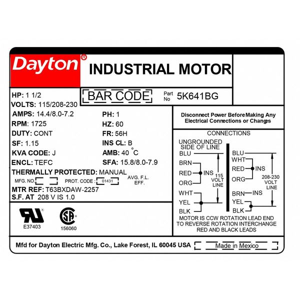 Capacitor-Start/Run General Purpose Motor, 1 1/2 HP, 115/208-230V AC Voltage, 56H Frame