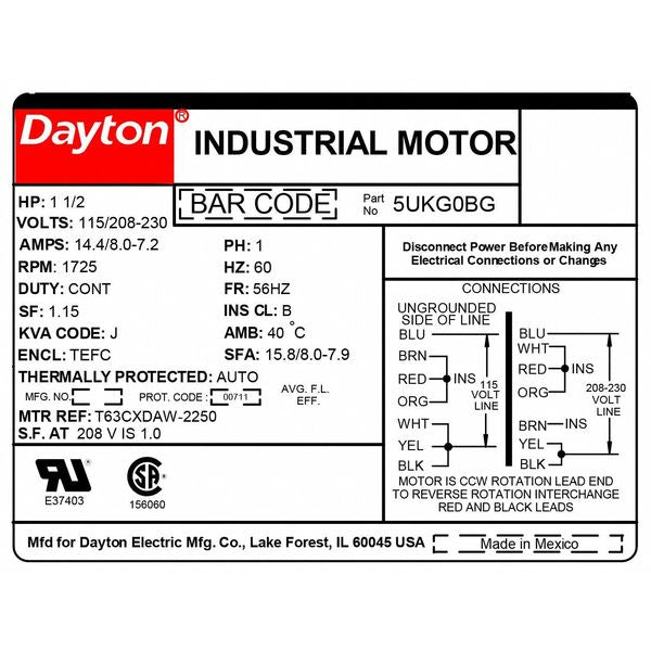 Capacitor-Start/Run General Purpose Motor, 1 1/2 HP, 115/208-230V AC Voltage, 56HZ Frame
