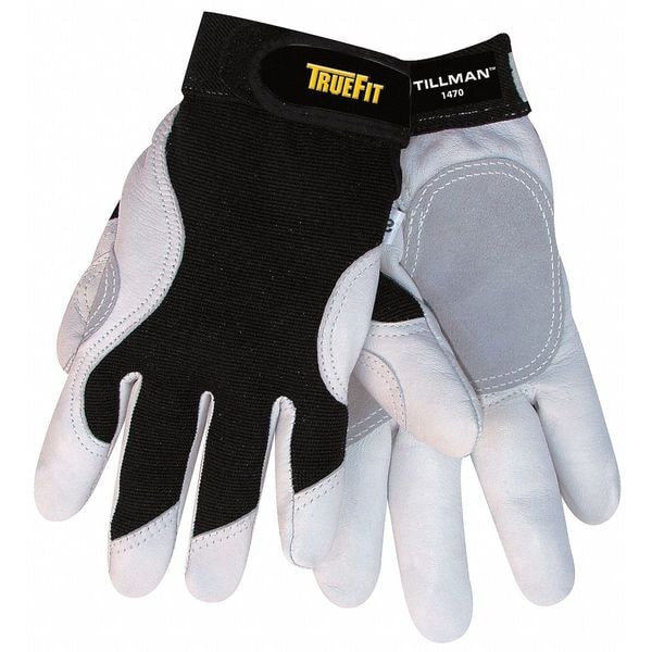 TrueFit Top Grain Work Gloves, Goatskin/Spandex, Unlined, Wing Thumb, Black/White, Large, 1 Pair