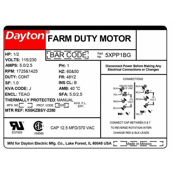 Agricultural Fan Motor, Permanent Split Capacitor, 1/2 HP, 115/230V AC, 1725 rpm Nameplate RPM