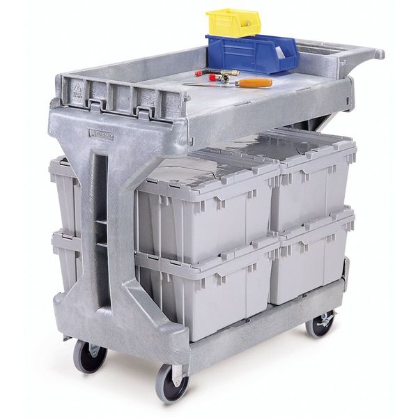 High-Density Polyethylene Utility Cart with Flip-Gate Flush Plastic Shelves, Flat, 2 Shelves