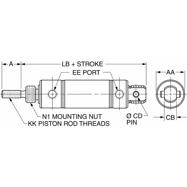 Air Cylinder, 1 1/4 in Bore, 4 in Stroke, Round Body Double Acting