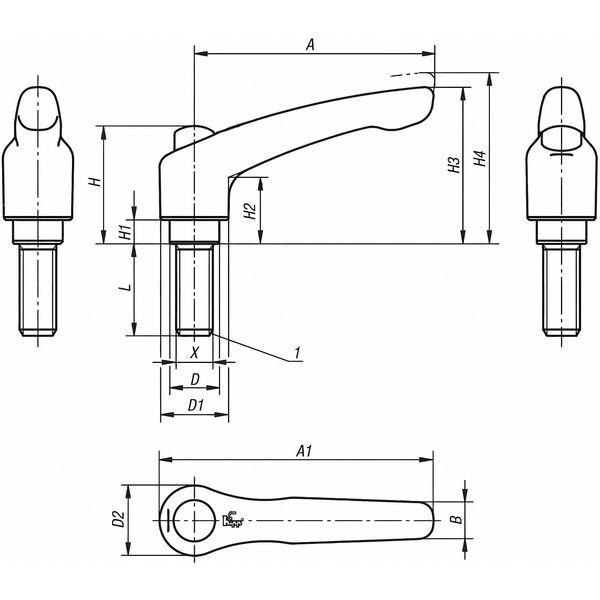 Adjustable Handle, Mod. Design, Protective Cap Sz. 2, M10X45, Cast Zinc Orange RAL2004, Comp: Steel