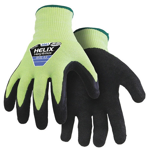 Hi-Vis Cut Resistant Coated Gloves, A9 Cut Level, Natural Rubber Latex, 2XL, 1 PR