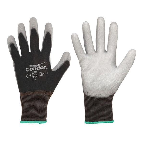 Coated Gloves, Polyurethane, Nylon, Smooth, ANSI Abrasion Level 3, Gray/Black, S, 1 Pair