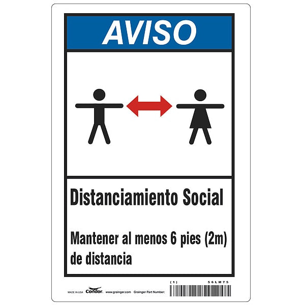 Covid 19 Sign 7X10, Spanish Notice Socia, 7 in Height, 10 in Width, Polystyrene, Spanish