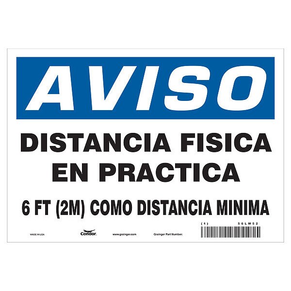 Covid 19 Sign 7X10, Spanish Notice Physi, 7 in Height, 10 in Width, Aluminum, Spanish