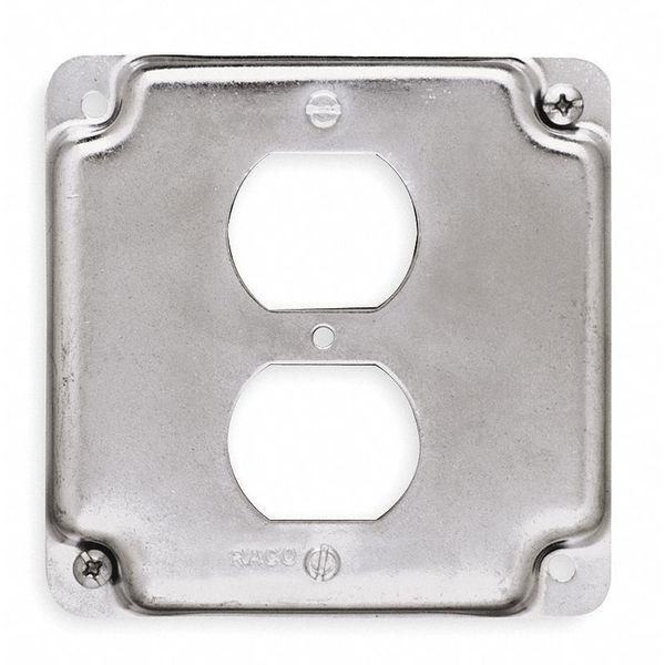 Electrical Box Cover, Duplex Receptacle, Square, 2 Gangs, Galvanized Zinc, 1/2 in D, 4 in W, 4 in L