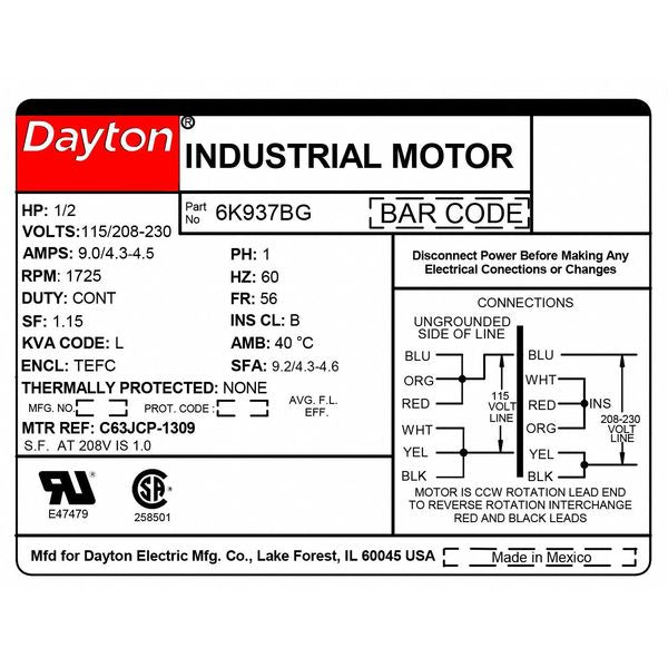 Capacitor-Start General Purpose Motor, 1/2 HP, 115/208-230V AC Voltage, 56 Frame