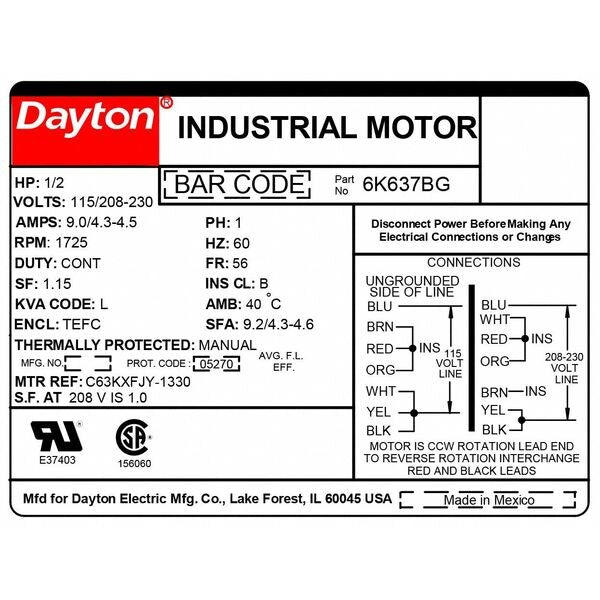 Capacitor-Start General Purpose Motor, 1/2 HP, 115/208-230V AC Voltage, 56 Frame