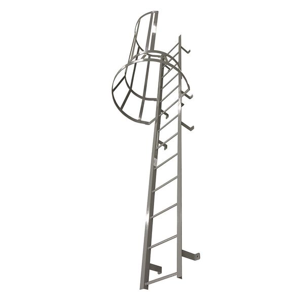 15 ft 3 in Fixed Ladder with Safety Cage, Steel, 16 Steps, Right Exit, Powder Coated Finish