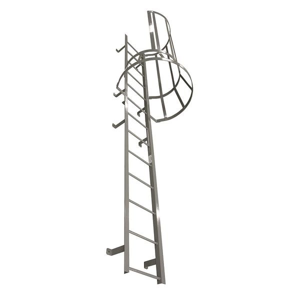 20 ft 3 in Fixed Ladder with Safety Cage, Steel, 21 Steps, Left Exit, Powder Coated Finish