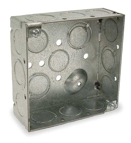 Electrical Box, Square, 2 Gangs, Galvanized Zinc, 1-1/2 in D, 4 in W, 4 in L, 21 cu in Capacity