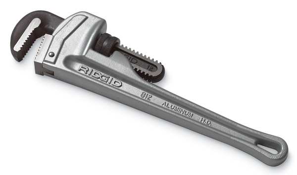 Pipe Wrench, Straight, Aluminum, 12 in L, 2 in Jaw Capacity