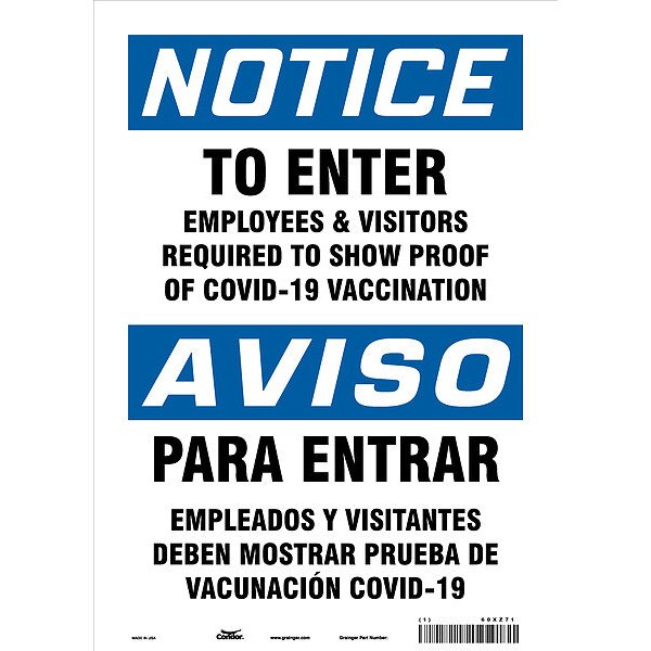 Employee and Visitor Vaccine Proof Safety Sign, 14 in Height, 10 in Width, Aluminum