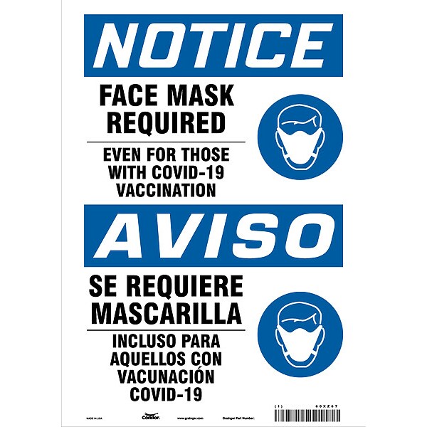 Facemask Reminder Safety Sign, 14 in Height, 10 in Width, Plastic, English, Spanish