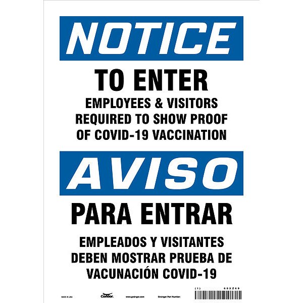 Employee and Visitor Vaccine Proof Safety Sign, 14 in Height, 10 in Width, Vinyl, English, Spanish