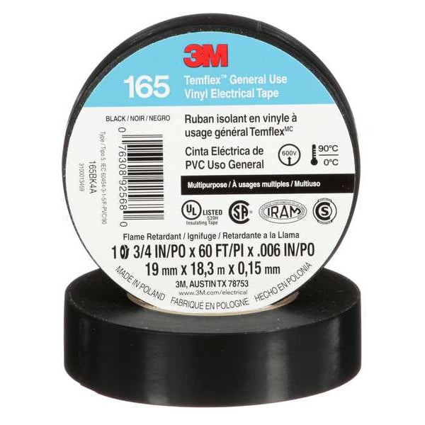 Vinyl Electrical Tape, 3/4 in W x 60 ft L, 6 mil Thick, Black, 1 Pk