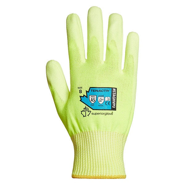 Hi-Vis Cut Resistant Coated Gloves, A5 Cut Level, Polyurethane, 7, 1 PR