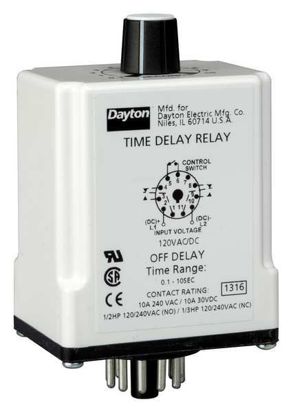 Time Dlay Rlay, 120VAC/DC, 10A, DPDT, 3 sec.