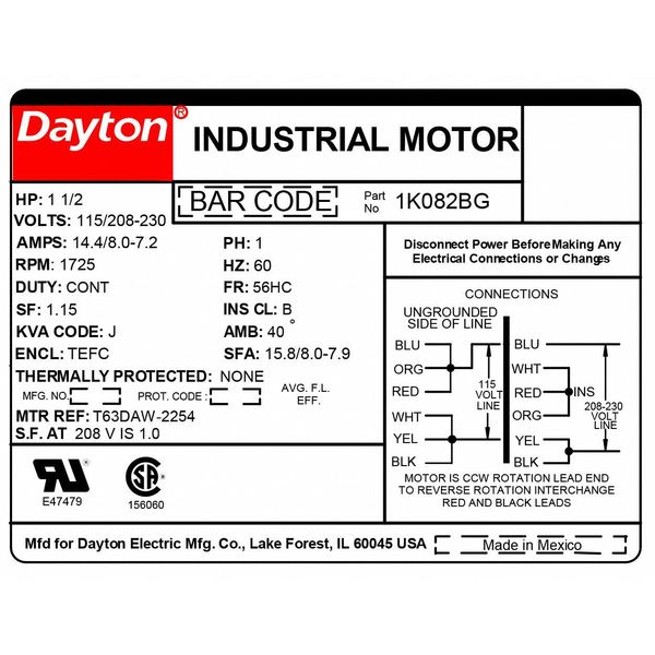 Capacitor-Start/Run General Purpose Motor, 1 1/2 HP, 115/208-230V AC Voltage, 56HC Frame
