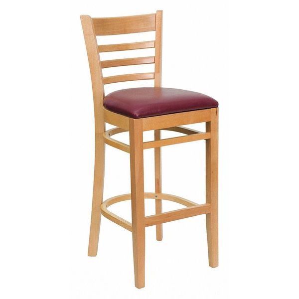 Barstool, Natural Wood, Burgndy Vinyl Sea, Backrest: Ladder Back