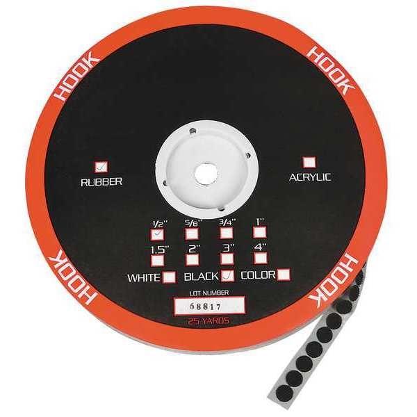 Reclosable Fastener, Disc, Rubber Adhesive, 3/8 in, Black, 1890 PK
