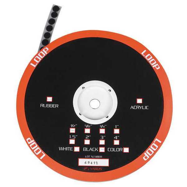 Reclosable Fastener, Disc, Rubber Adhesive, 3/4 in, Black, 1030 PK